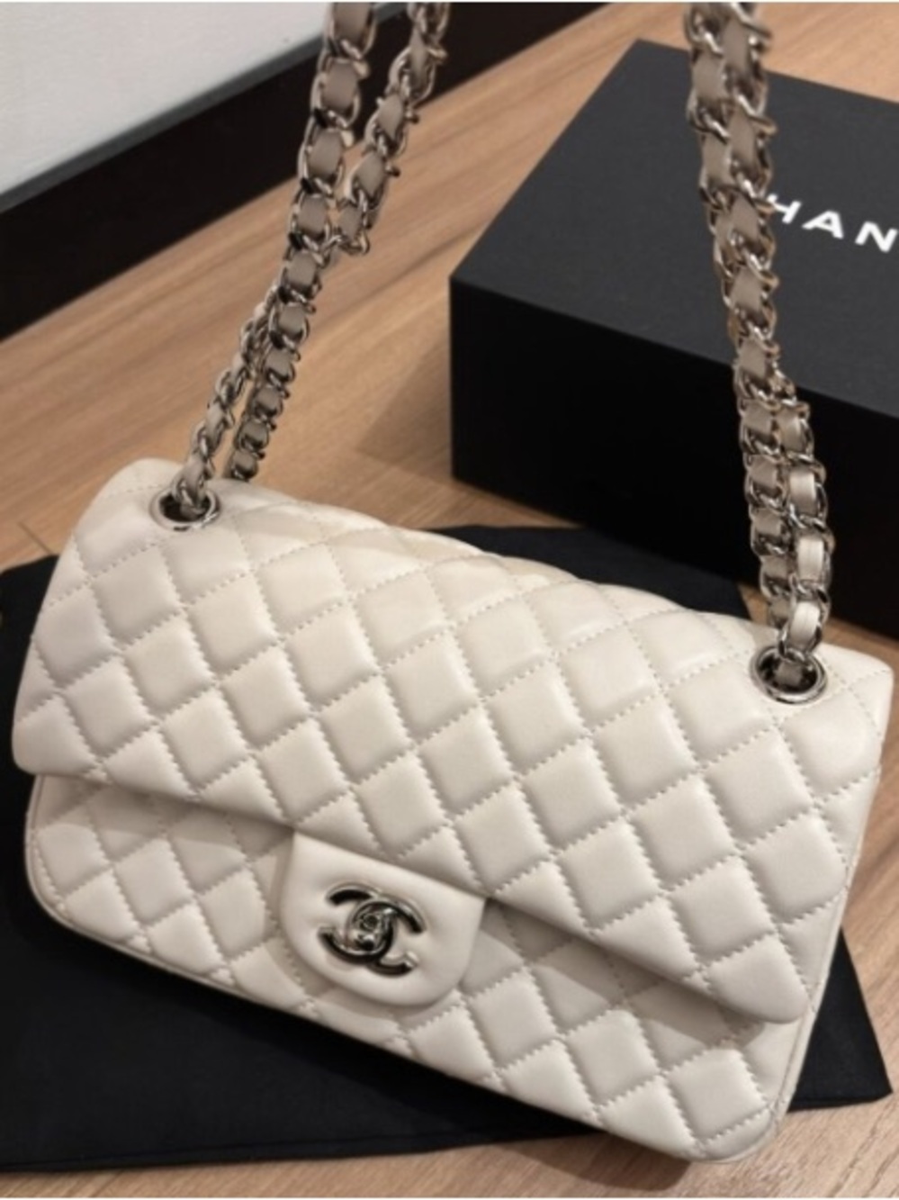 Chanel Cream Quilted Leather Laptop Shoulder Bag with Silver Chain